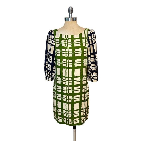 Anthropologie Maeve Women's Dress Green & Navy Geometric Print 3/4 Sleeve Size 2 - Picture 1 of 5